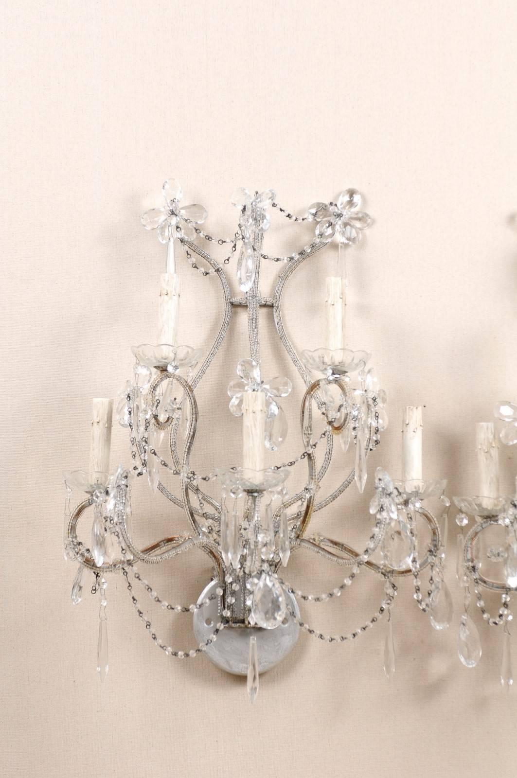 Italian Pair of Crystal Five-Light Sconces from the Mid-20th Century with Flower Motifs