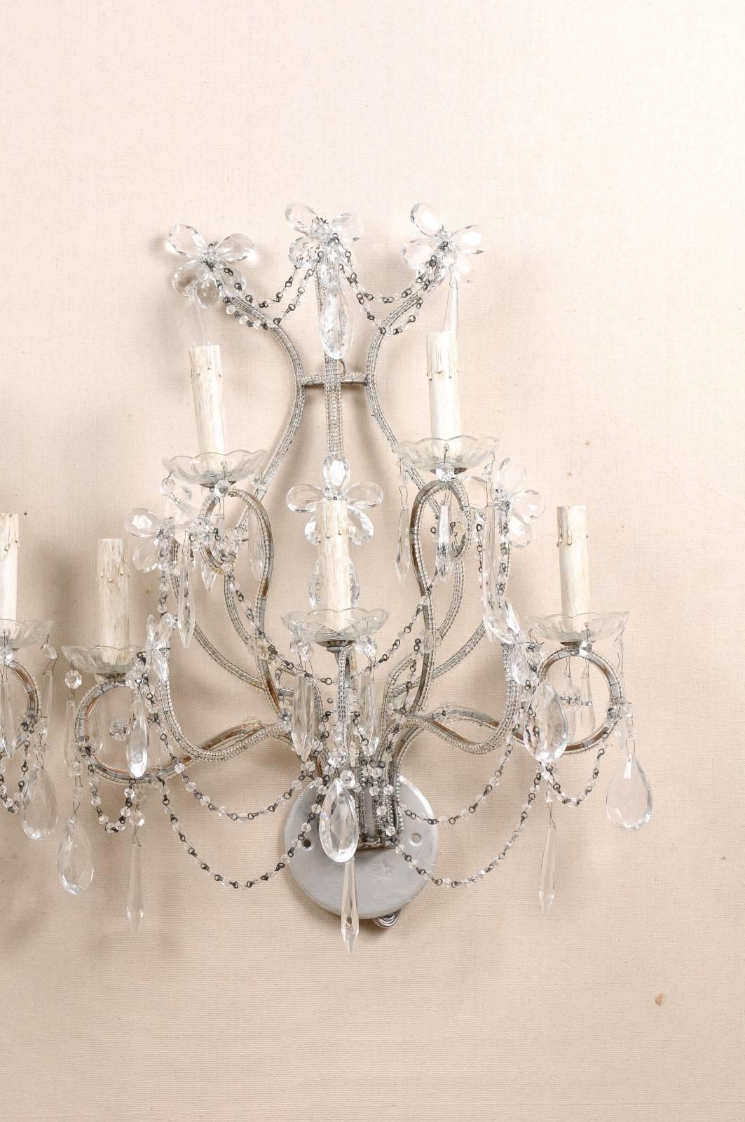 Painted Pair of Crystal Five-Light Sconces from the Mid-20th Century with Flower Motifs