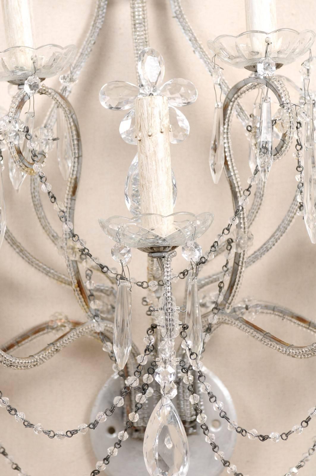 Pair of Crystal Five-Light Sconces from the Mid-20th Century with Flower Motifs 4