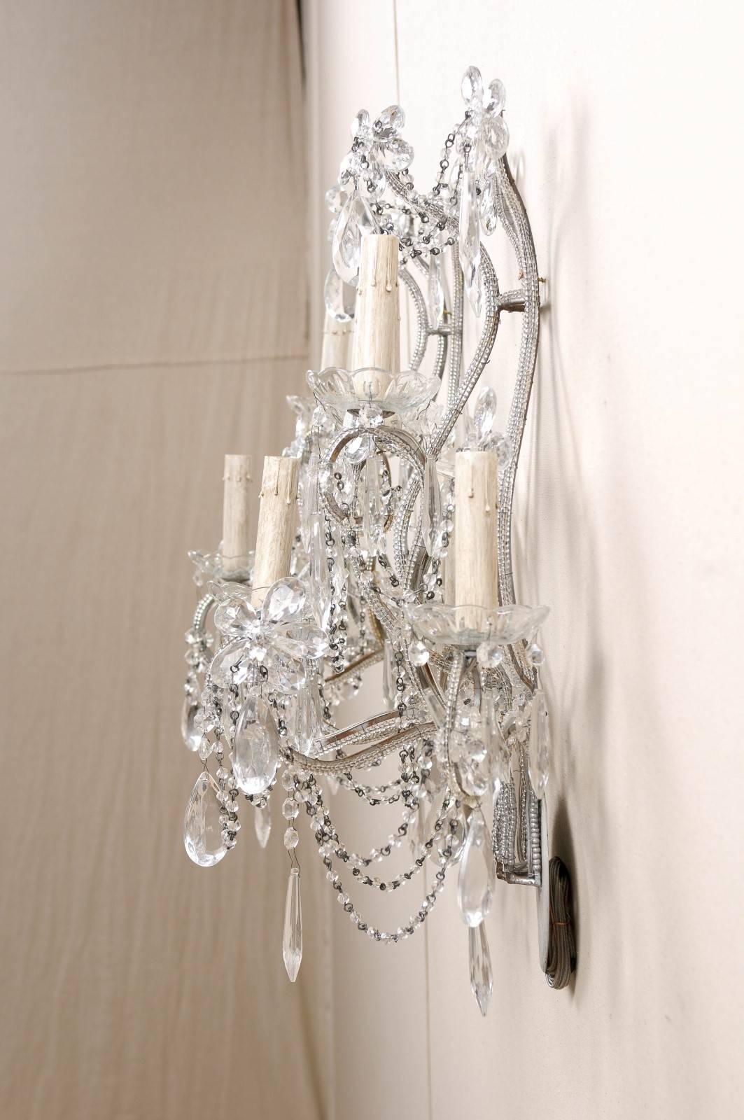 Pair of Crystal Five-Light Sconces from the Mid-20th Century with Flower Motifs In Good Condition In Atlanta, GA
