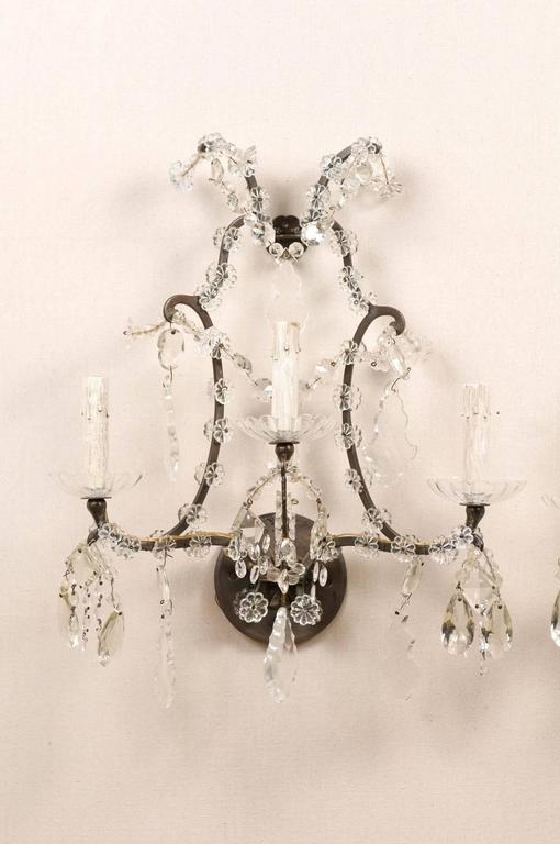 Painted Pair of Italian Crystal Vintage Three-Light Sconces with Scrolled Armature For Sale