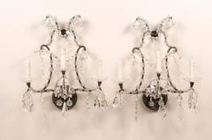 Pair of Italian Crystal Vintage Three-Light Sconces with Scrolled Armature