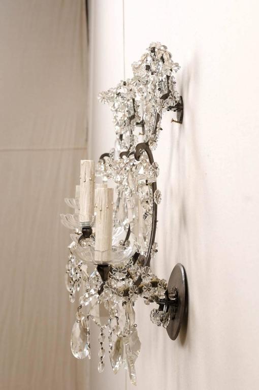 20th Century Pair of Italian Crystal Vintage Three-Light Sconces with Scrolled Armature For Sale