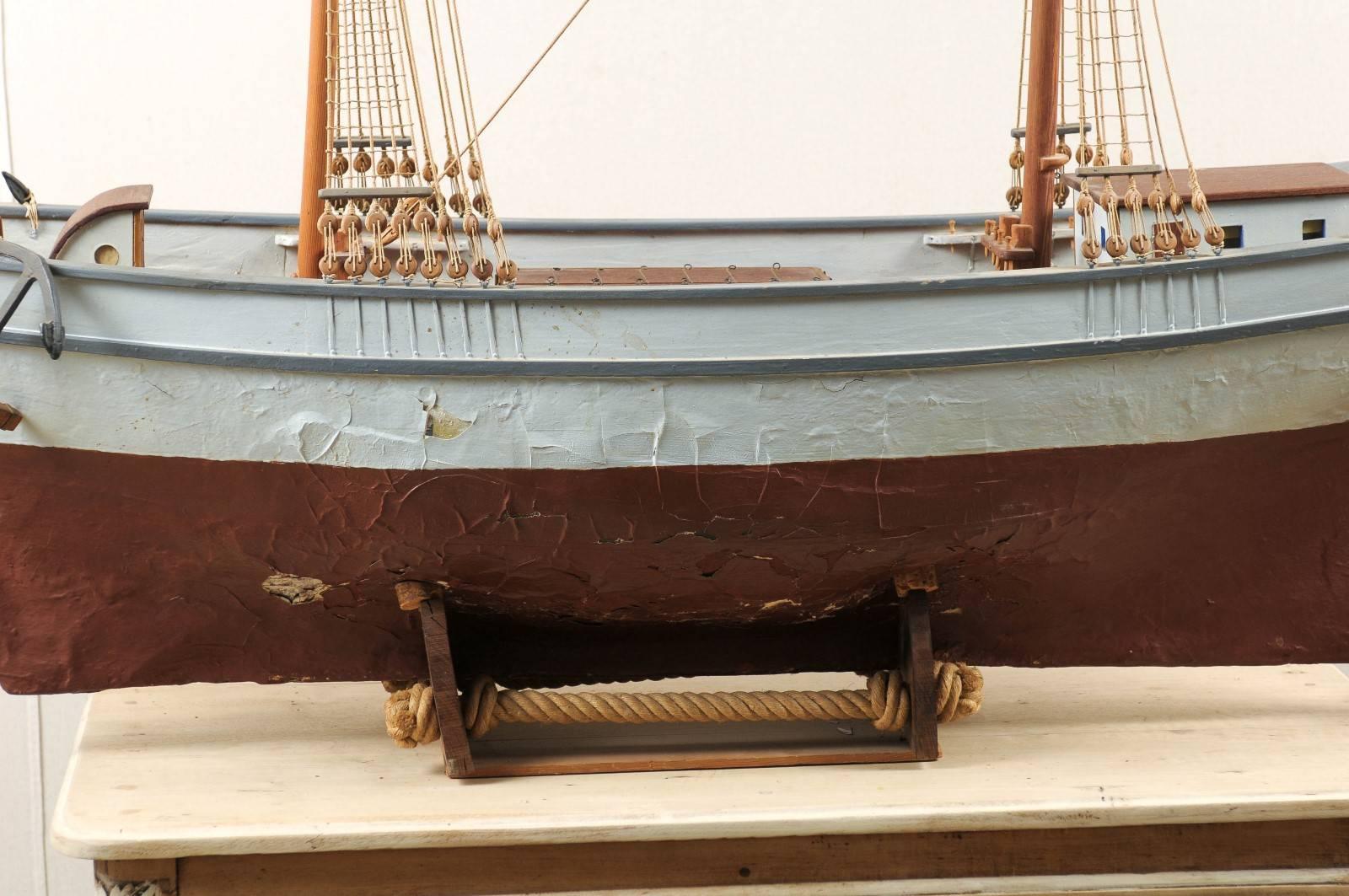 Swedish Ship Model on Stand with Two-Masts, Wooden Ketch 'or Brigantine' Layout In Good Condition For Sale In Atlanta, GA