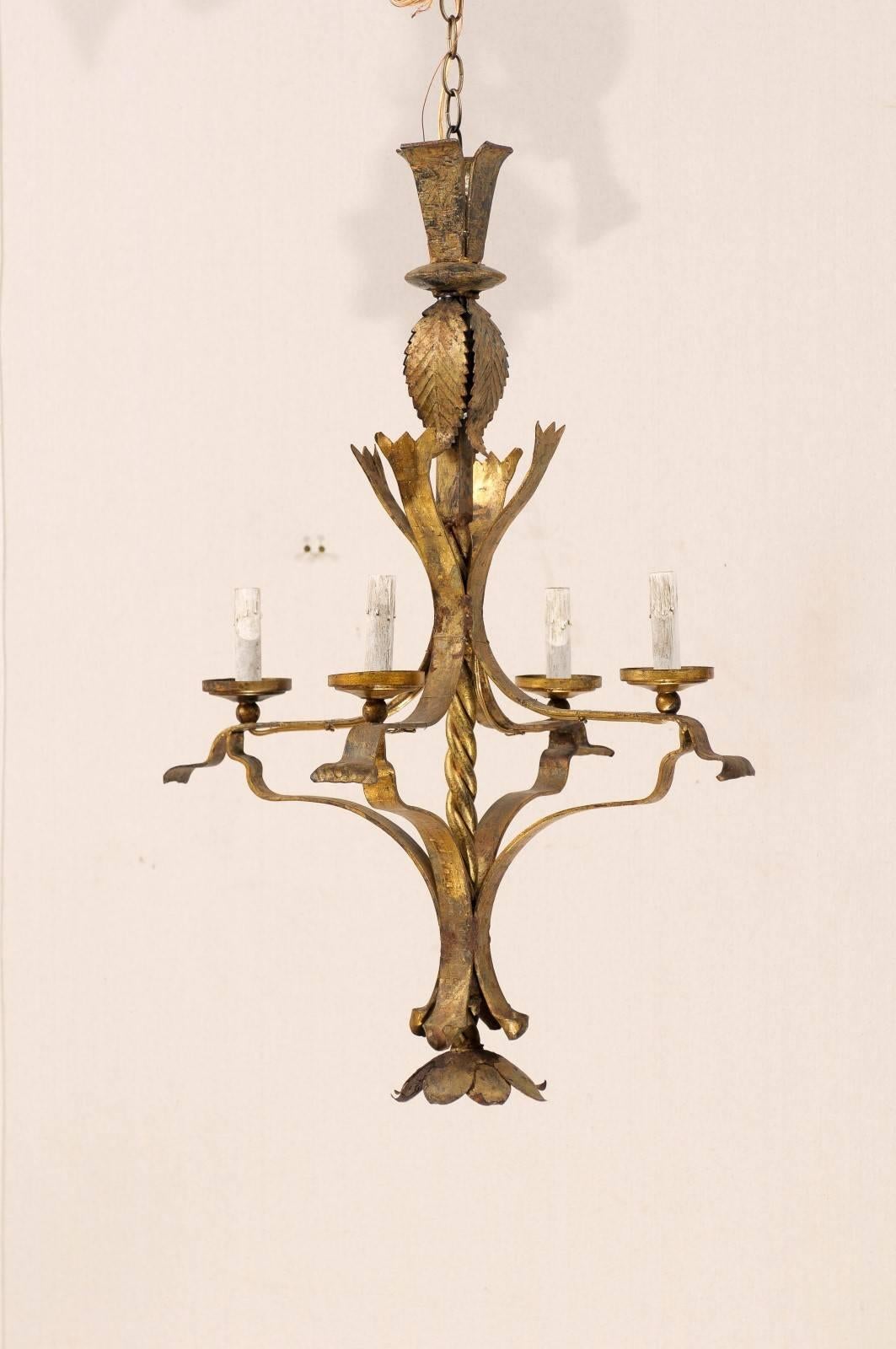 A French Vintage Gilt Iron Four-Light Chandelier with Floral Motif Finial In Good Condition In Atlanta, GA