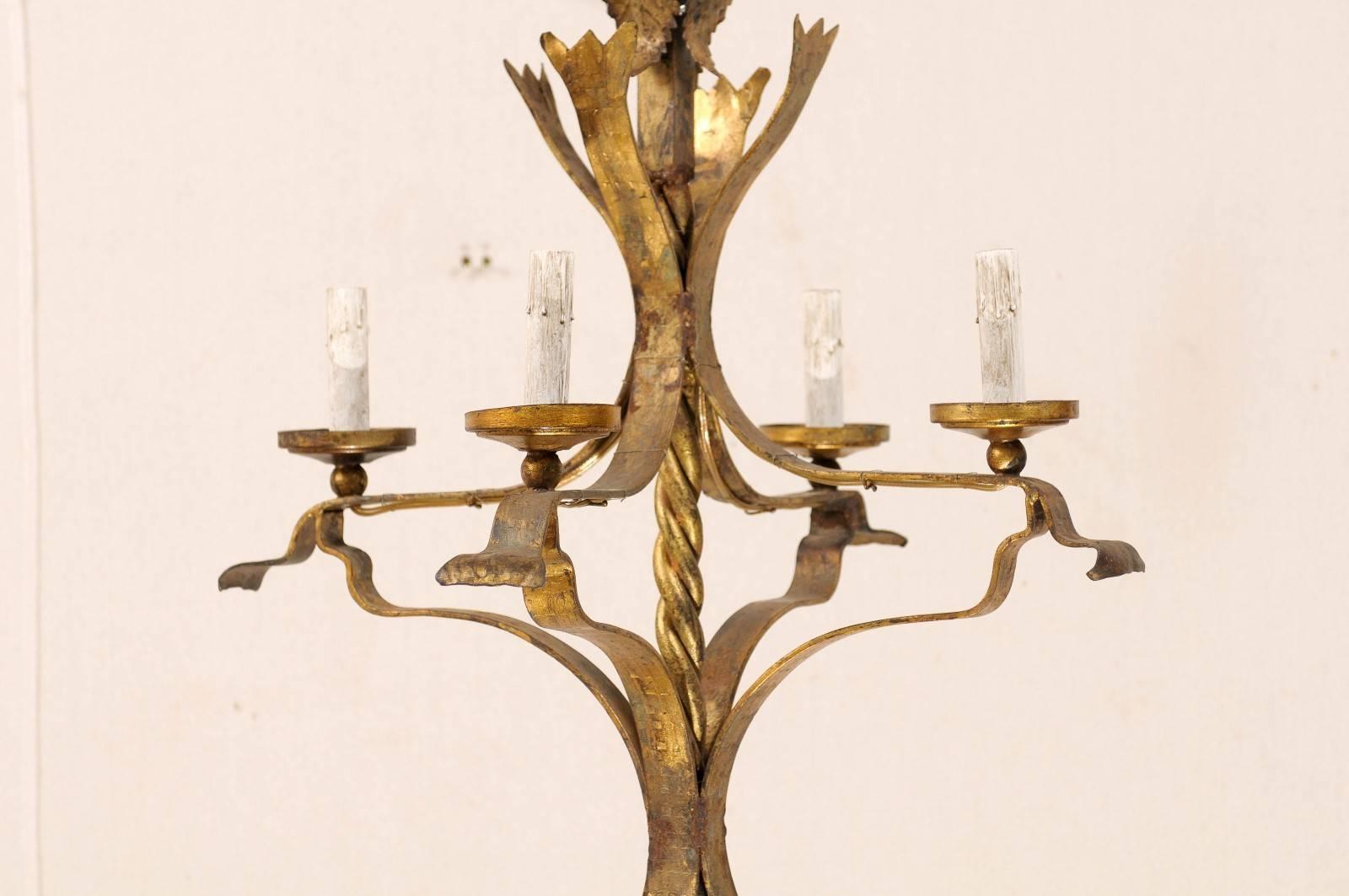 A French Vintage Gilt Iron Four-Light Chandelier with Floral Motif Finial 4