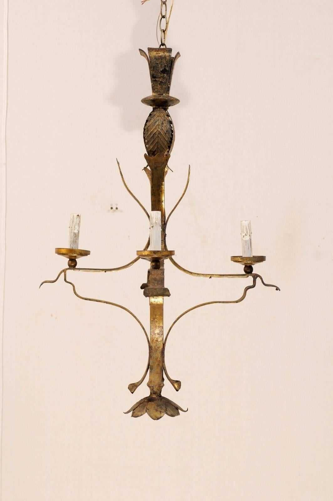 20th Century A French Vintage Gilt Iron Four-Light Chandelier with Floral Motif Finial