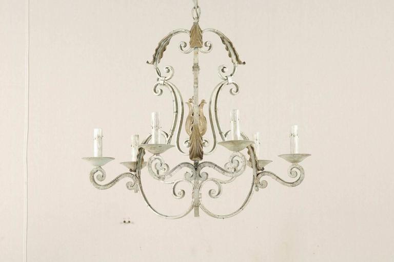 French Painted Iron 6-Light Chandelier Scrolling Armature & Acanthus Leaf Motif In Good Condition In Atlanta, GA