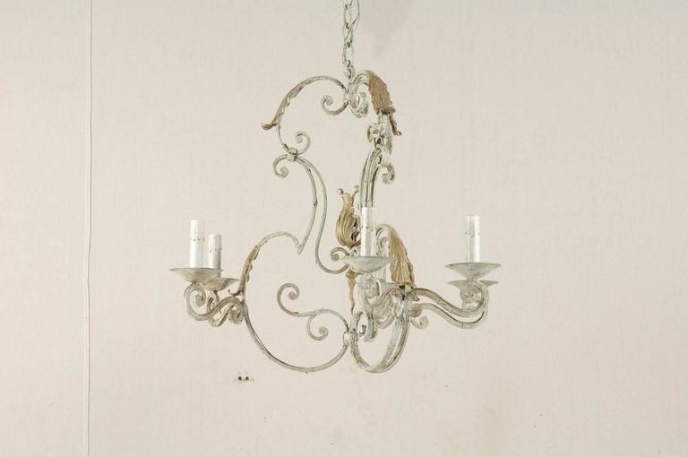 20th Century French Painted Iron 6-Light Chandelier Scrolling Armature & Acanthus Leaf Motif