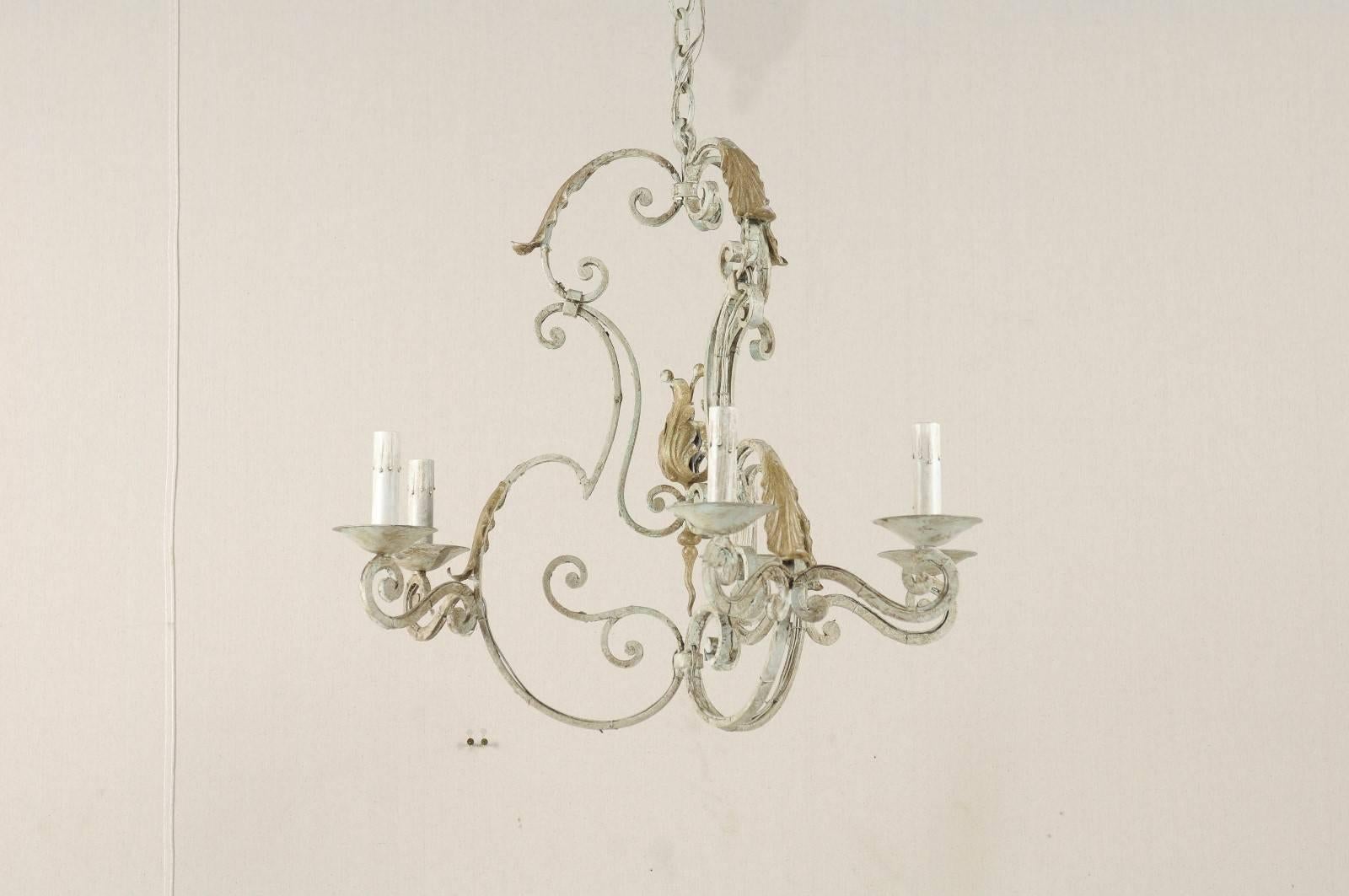 French Painted Iron 6-Light Chandelier Scrolling Armature & Acanthus Leaf Motif In Good Condition In Atlanta, GA