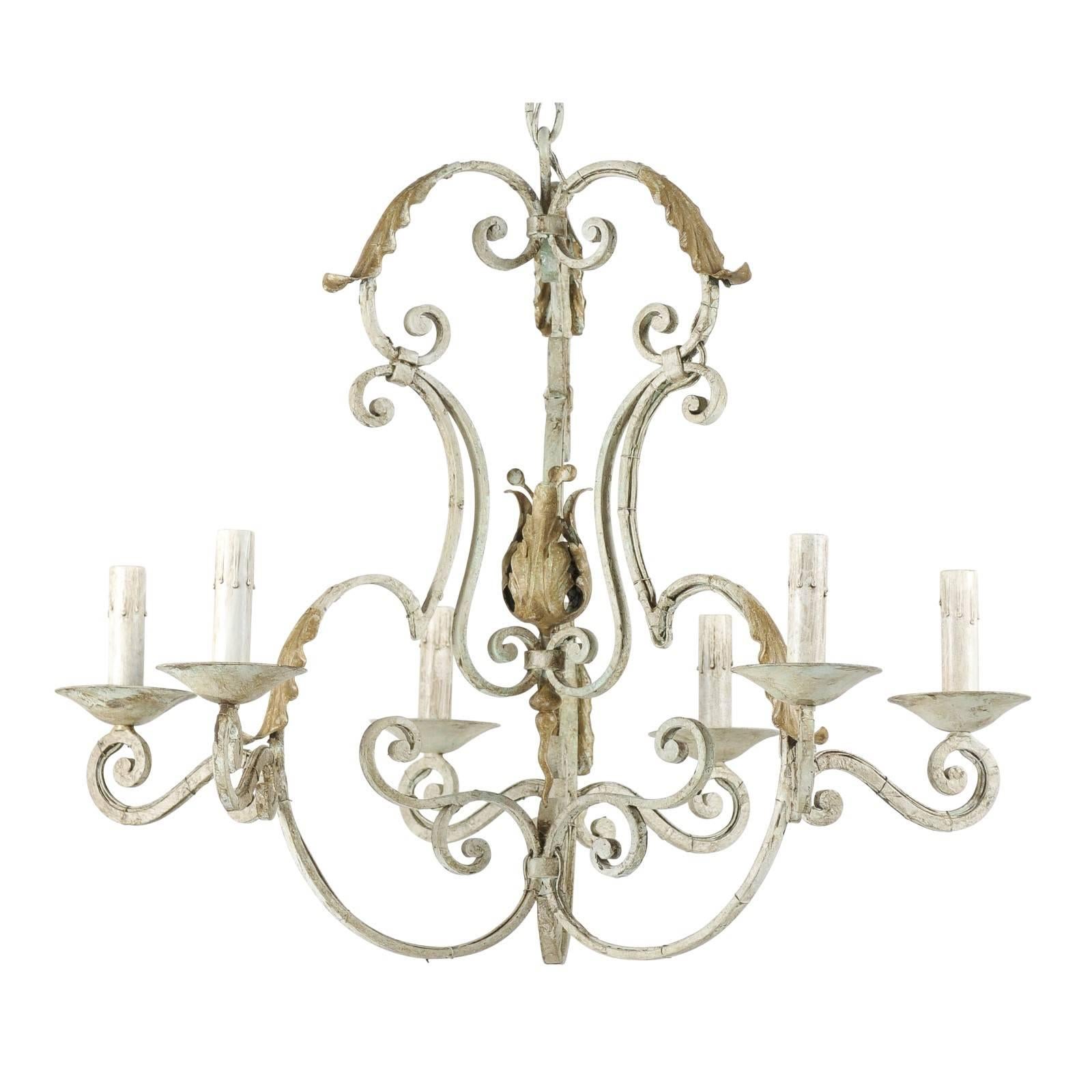 French Painted Iron 6-Light Chandelier Scrolling Armature & Acanthus Leaf Motif