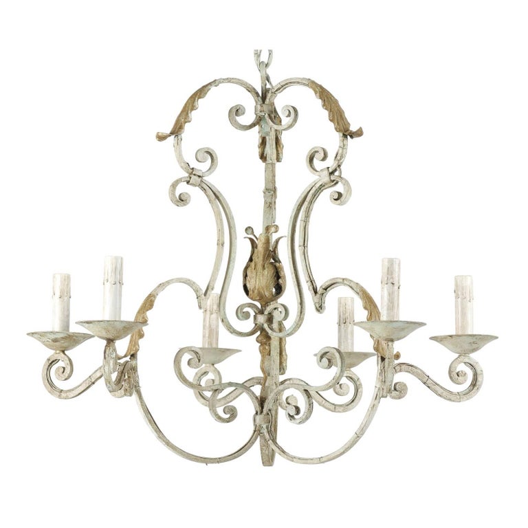 French Painted Iron 6-Light Chandelier Scrolling Armature & Acanthus Leaf Motif