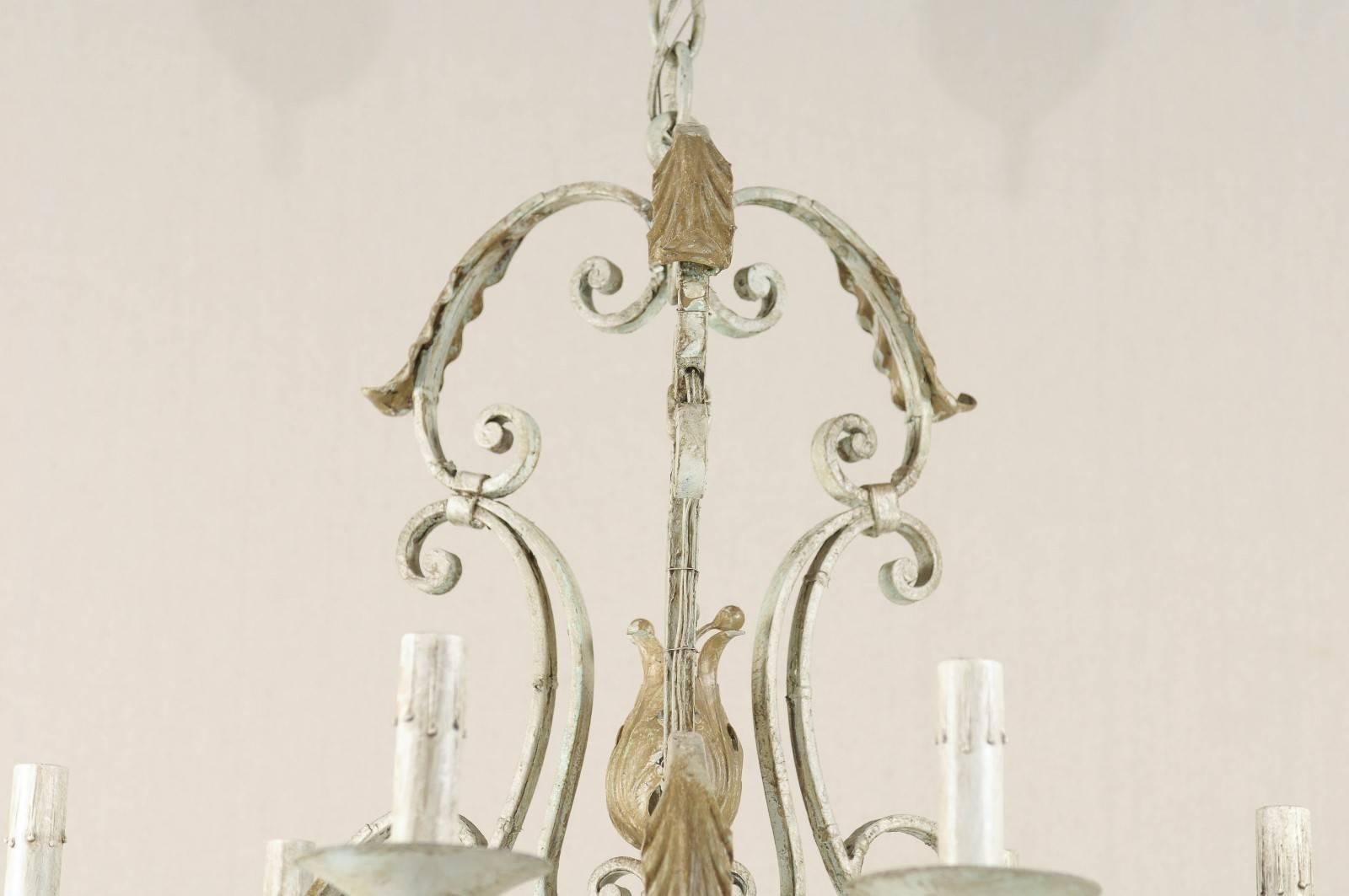 20th Century French Painted Iron 6-Light Chandelier Scrolling Armature & Acanthus Leaf Motif
