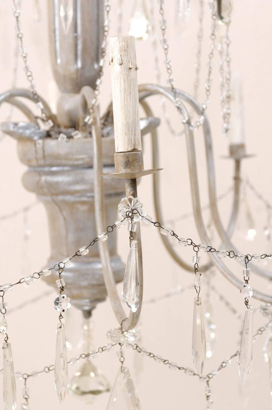 Italian Eight-Light Wood, Crystal and Metal Painted Silver Three Tier Chandelier 3