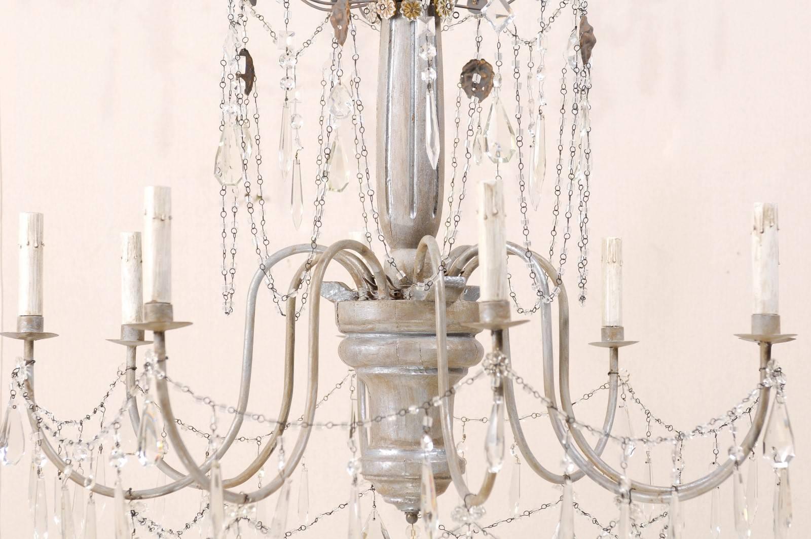 Italian Eight-Light Wood, Crystal and Metal Painted Silver Three Tier Chandelier 2