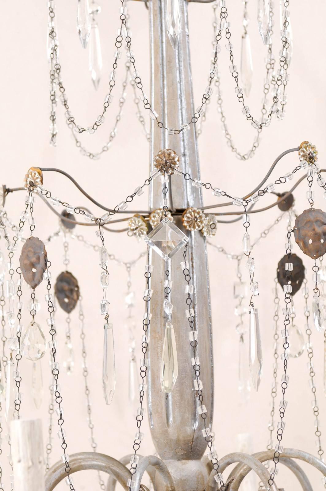 Italian Eight-Light Wood, Crystal and Metal Painted Silver Three Tier Chandelier 1