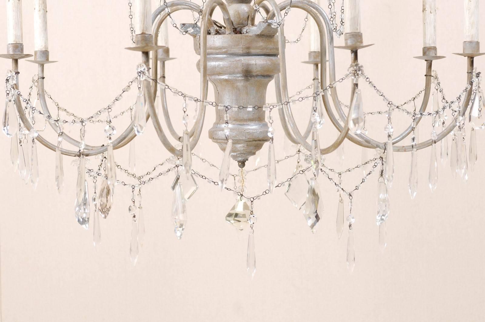 Italian Eight-Light Wood, Crystal and Metal Painted Silver Three Tier Chandelier 4