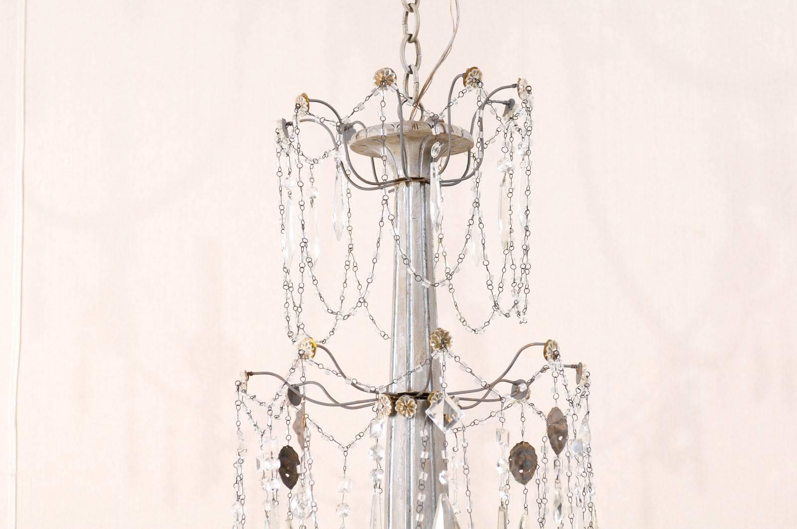Italian Eight-Light Wood, Crystal and Metal Painted Silver Three Tier Chandelier In Good Condition In Atlanta, GA