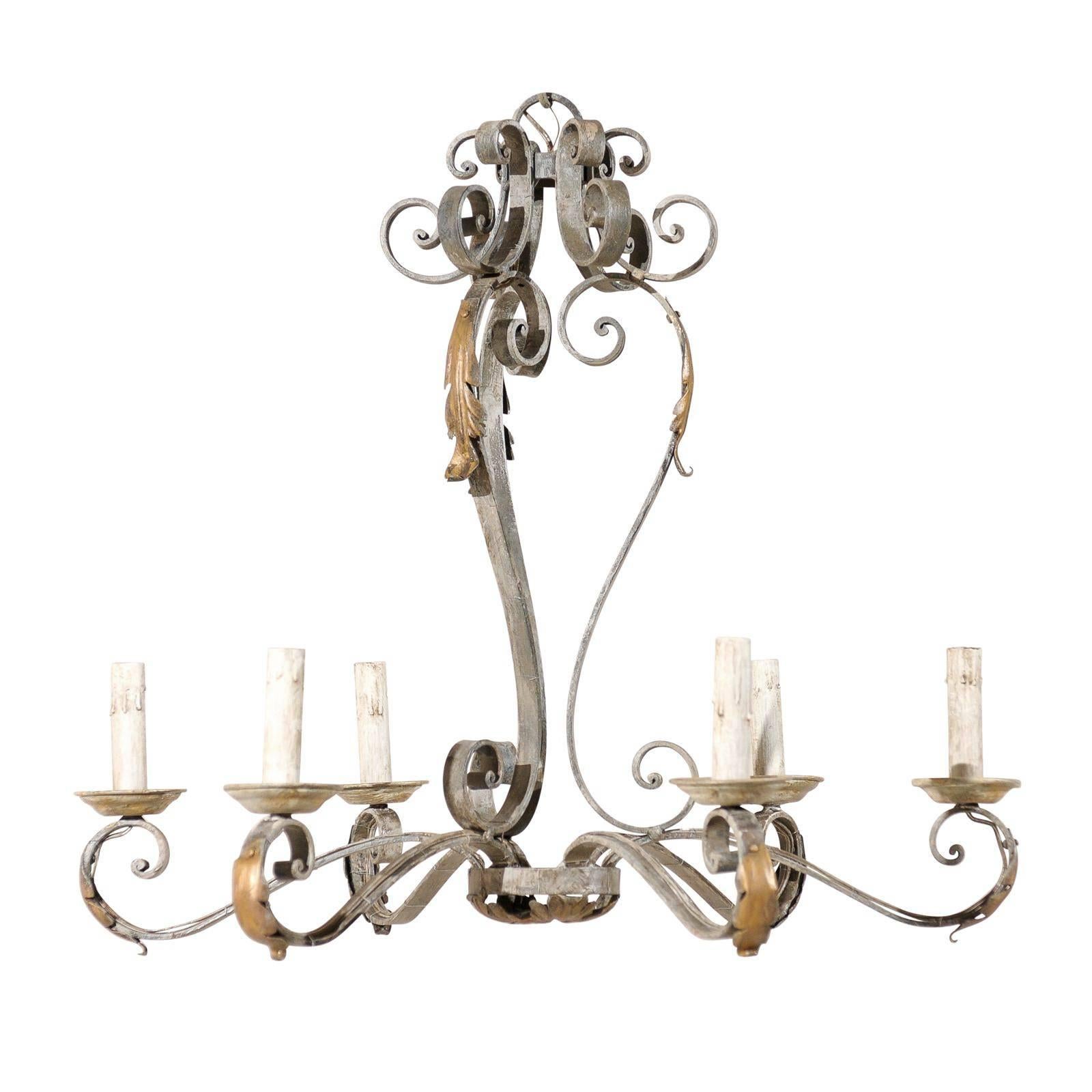 French Painted Iron Six-Light Chandelier with Gilded Acanthus Leaves For Sale