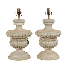 Pair of Hand-Carved Table Lamps with Circle Motifs and Repeated Carving Around