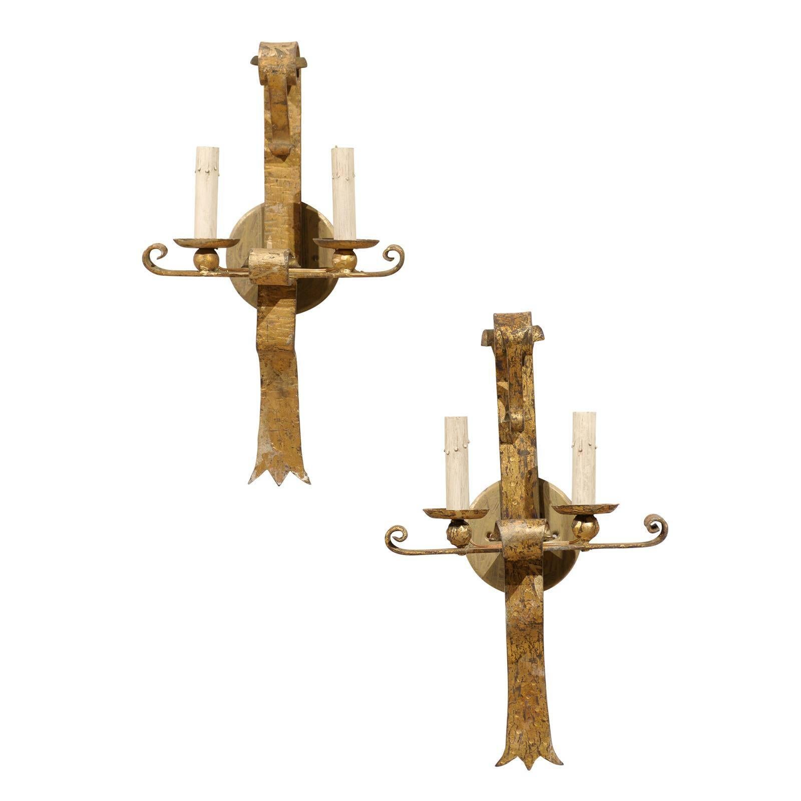 Pair of French Gilt Metal Two-Light Sconces with Volutes at the Top and Scrolls For Sale
