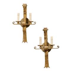 Vintage Pair of French Gilt Metal Two-Light Sconces with Volutes at the Top and Scrolls