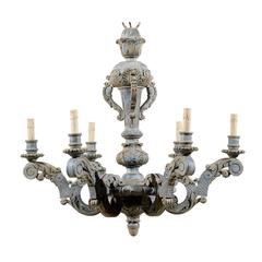 Ornately Carved French Light Blue-Grey Chandelier with Discreet Flower Motifs