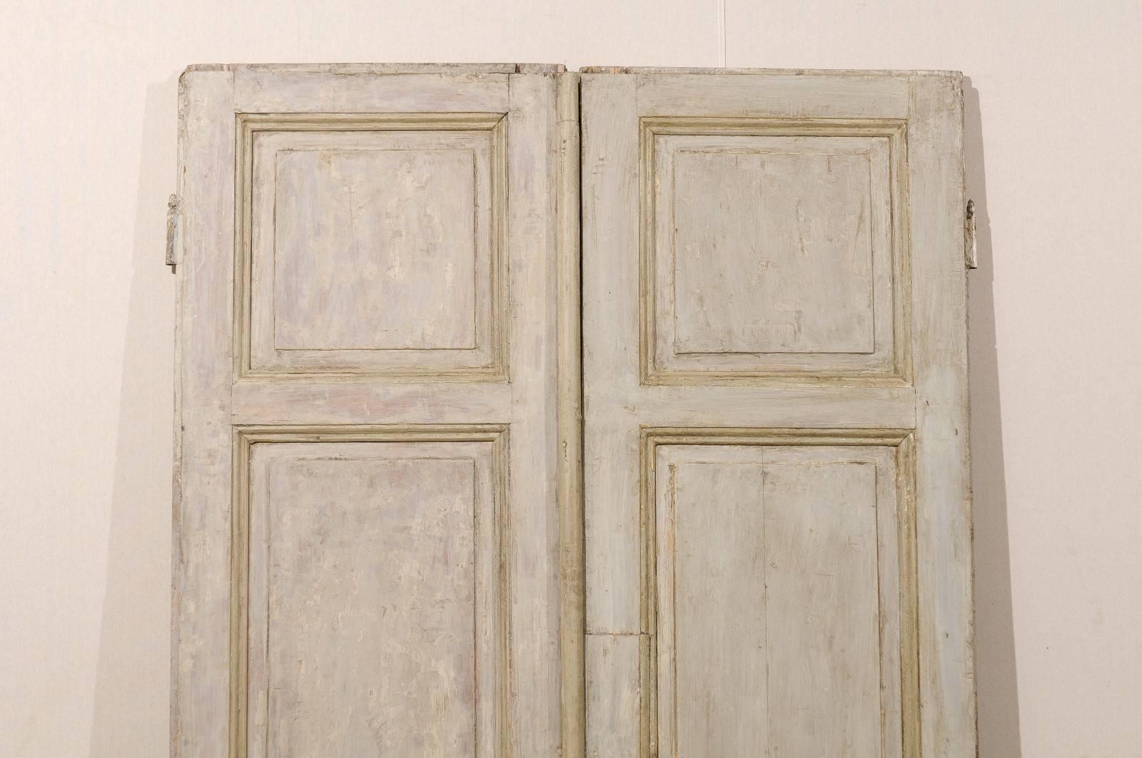 Wood Pair of Tall French Doors from the Mid-19th Century with Grey Green Finish For Sale