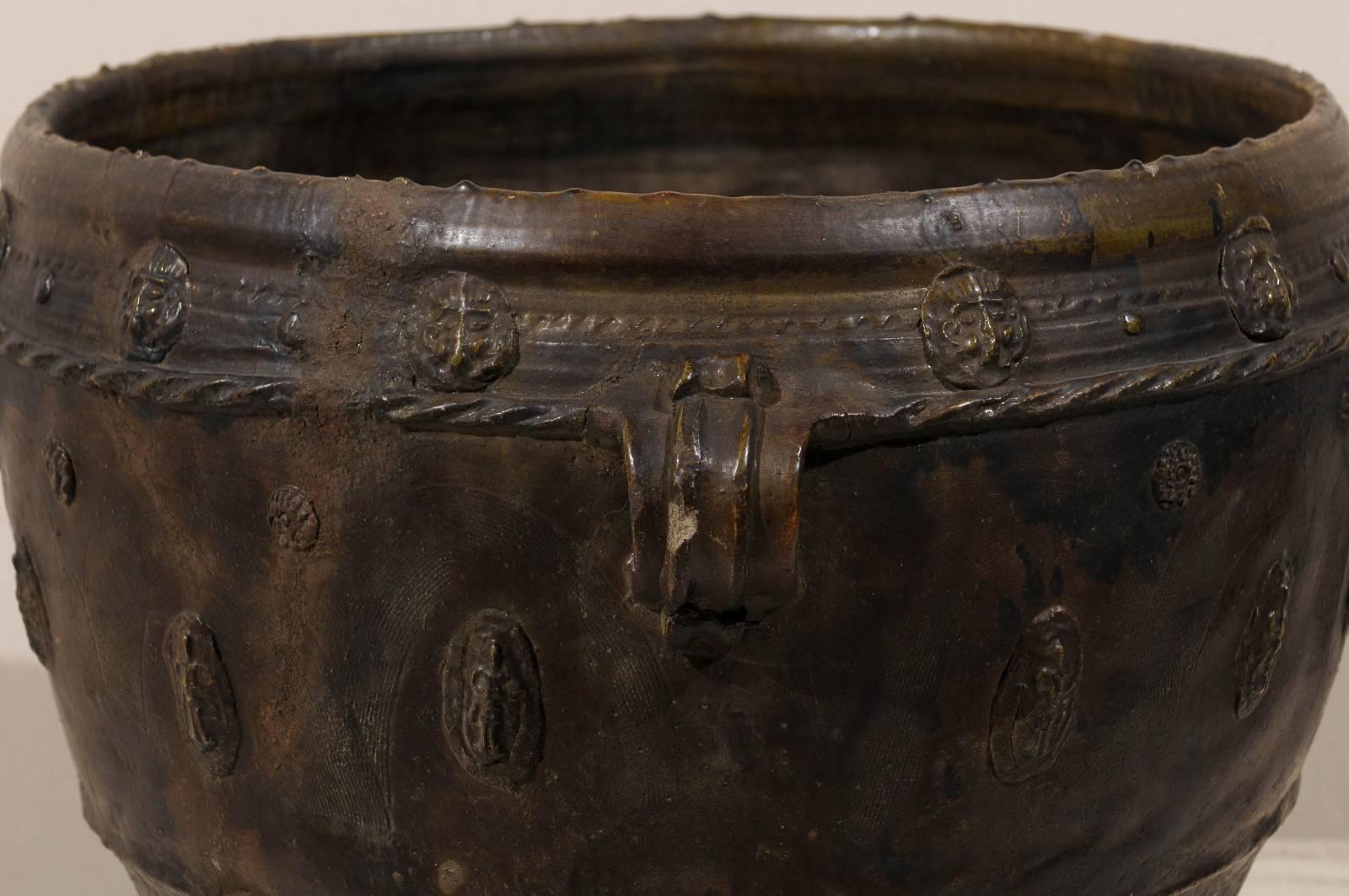 Brown-Black Colored Clay Jar with Four Handles and Decorative Motifs For Sale 3