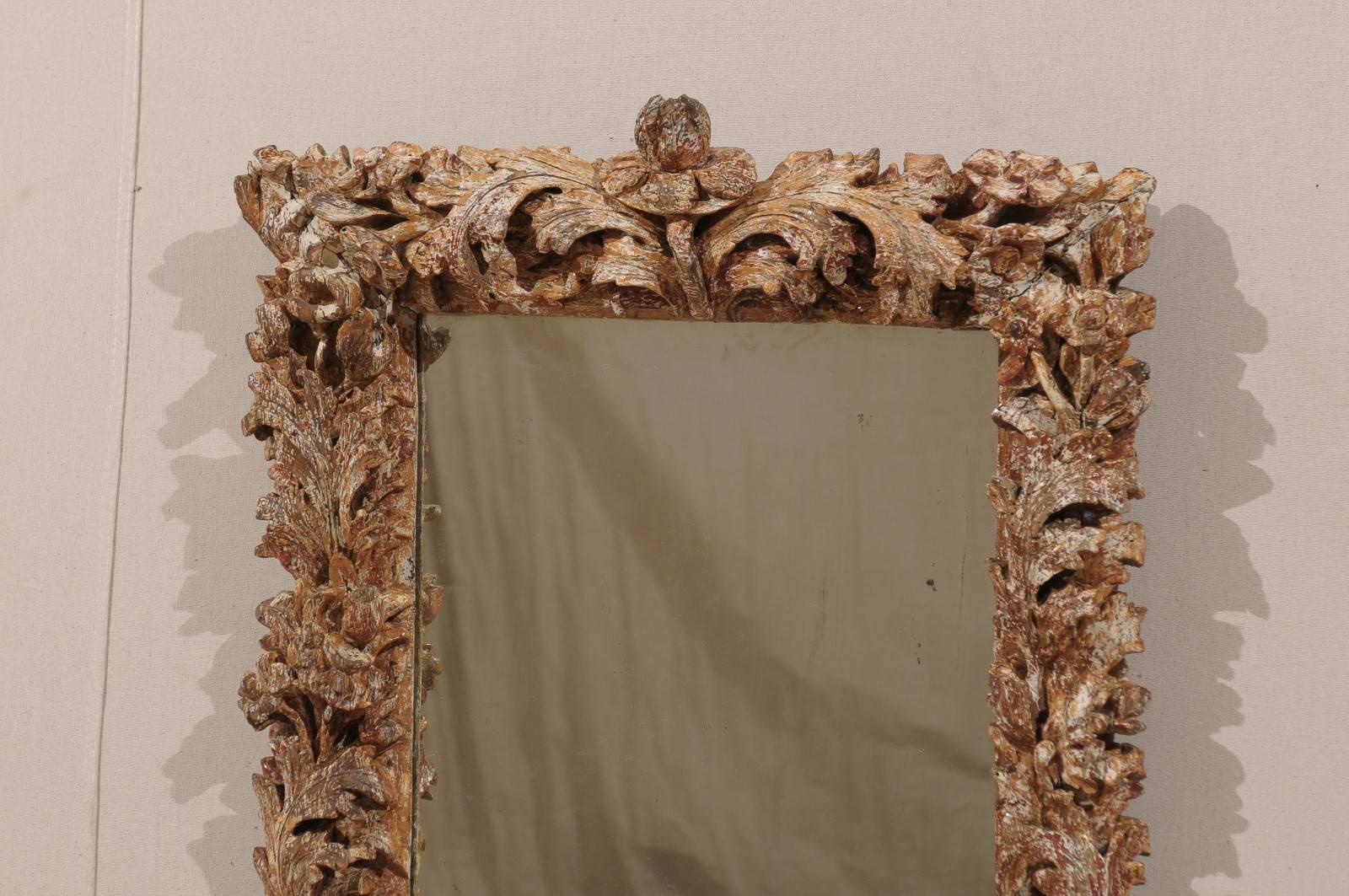 Painted Exquisite Italian Richly Carved Mirror with Foliage Motifs, 17th-18th Century