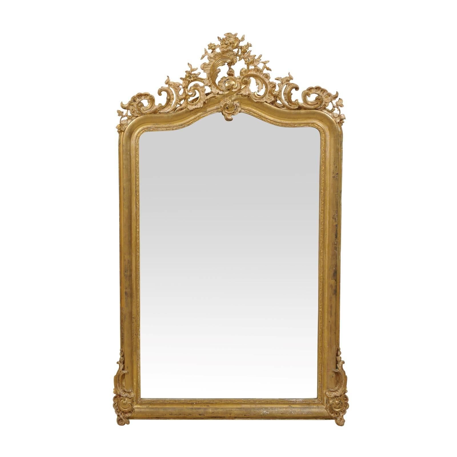 French Rococo Style Gilt Wood Mirror with Ornately Carved Crest, Mid 19th C.
