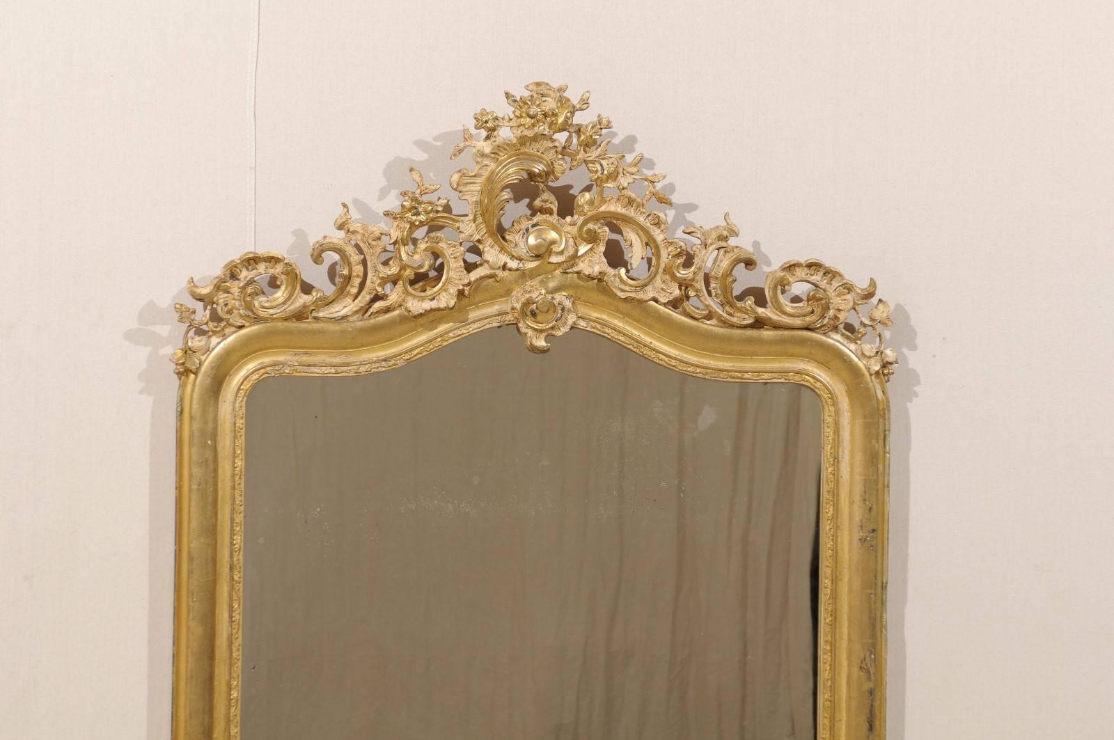 French Rococo Style Gilt Wood Mirror with Ornately Carved Crest, Mid 19th C. In Good Condition In Atlanta, GA