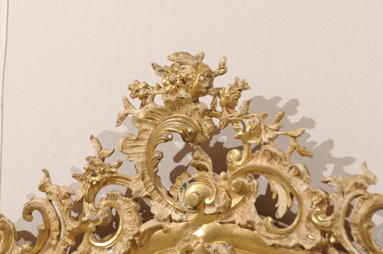 French Rococo Style Gilt Wood Mirror with Ornately Carved Crest, Mid 19th C. 1