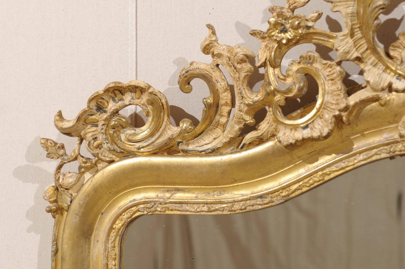 French Rococo Style Gilt Wood Mirror with Ornately Carved Crest, Mid 19th C. 2
