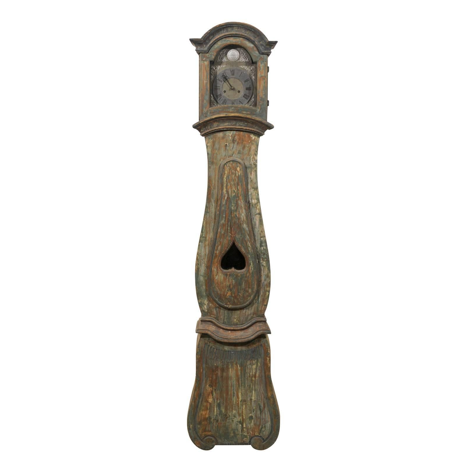 Late 18th Century Swedish Wooden Clock with Bonnet Shaped Crest