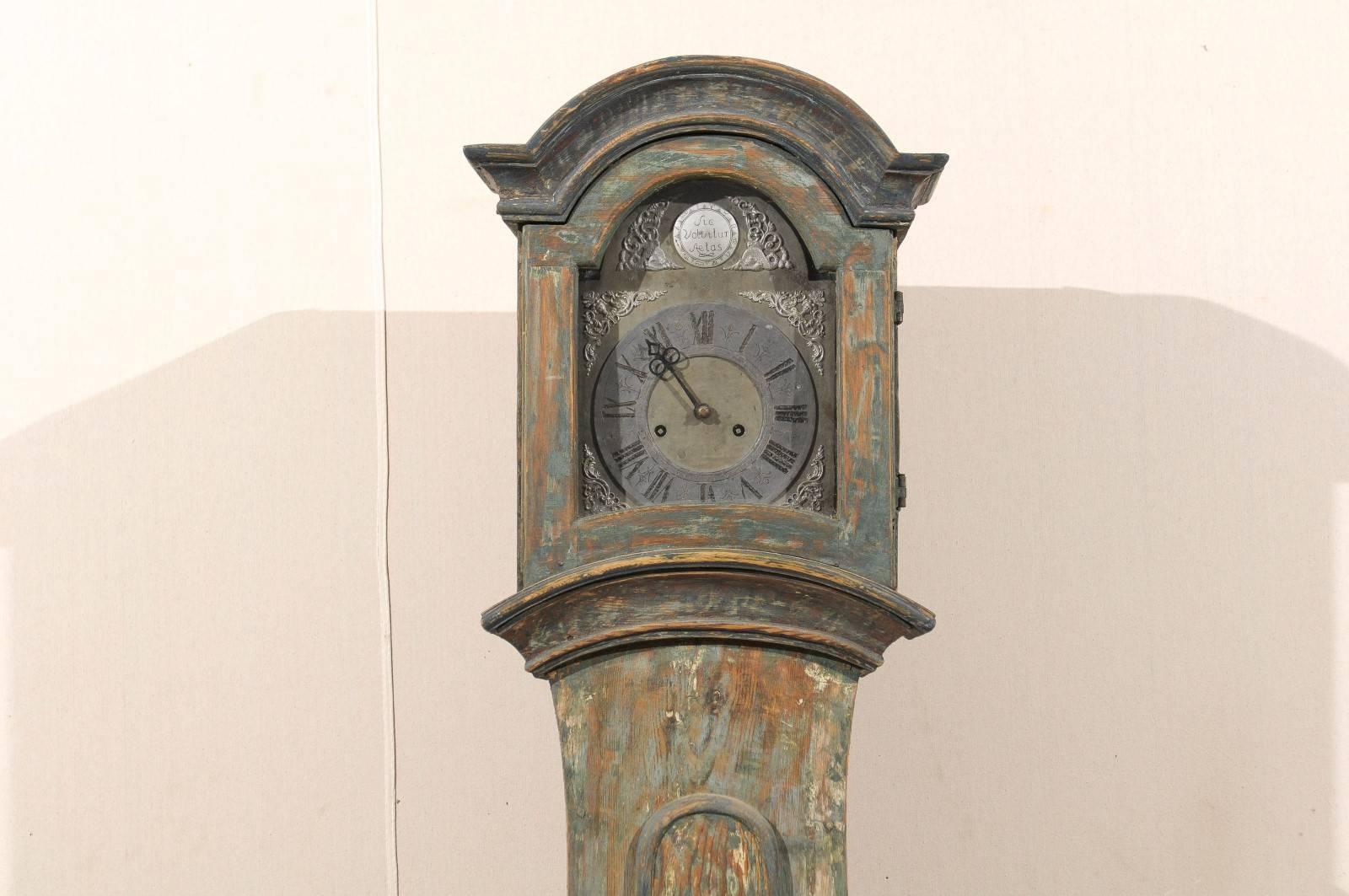 Glass Late 18th Century Swedish Wooden Clock with Bonnet Shaped Crest