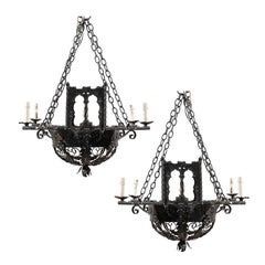 An Italian Pair of Forged Iron Basket-Shaped Five-Light Chandeliers  