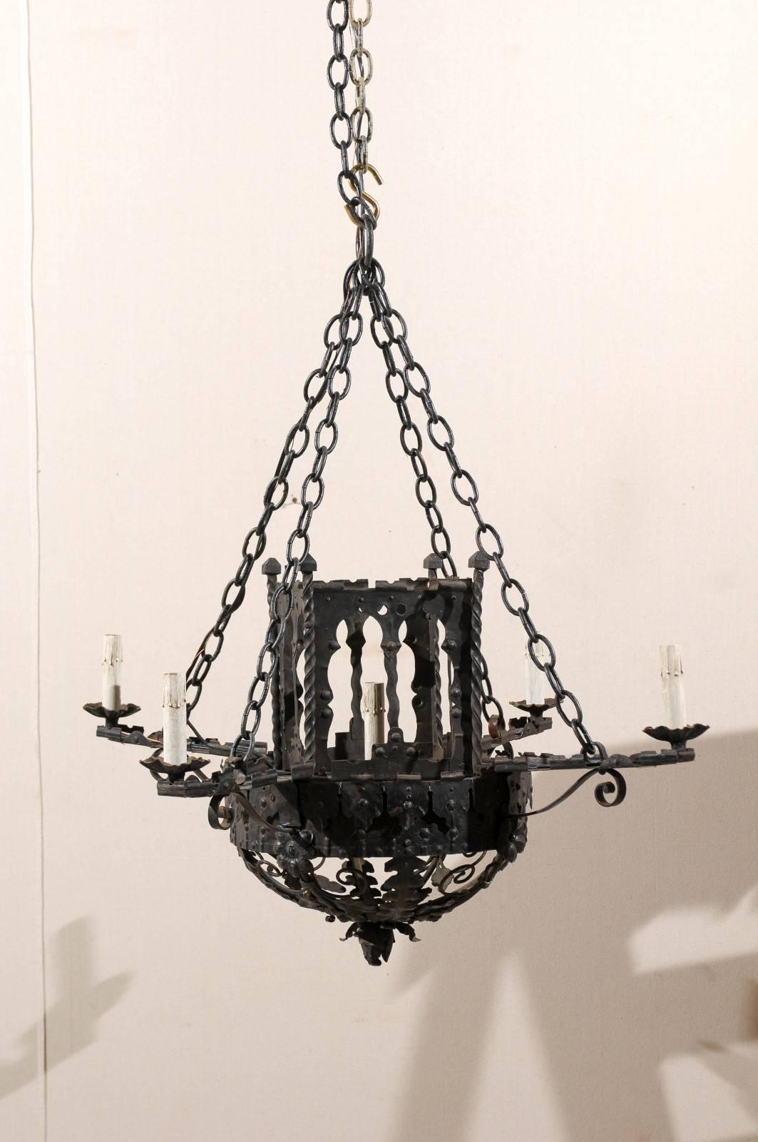 An Italian Pair of Forged Iron Basket-Shaped Five-Light Chandeliers   In Good Condition In Atlanta, GA