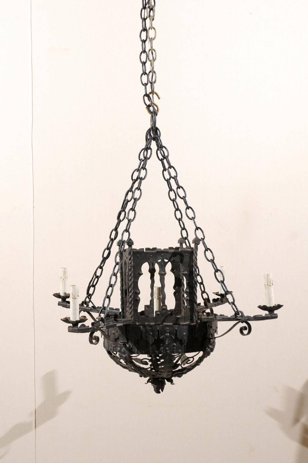 20th Century An Italian Pair of Forged Iron Basket-Shaped Five-Light Chandeliers  