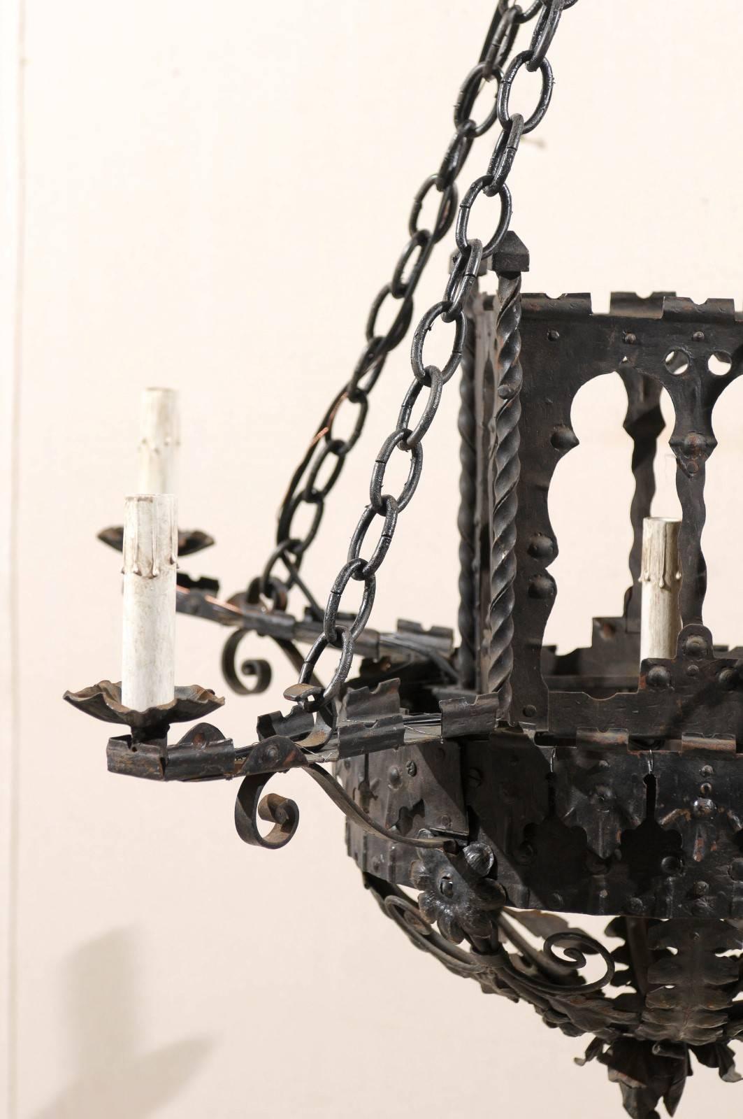 An Italian Pair of Forged Iron Basket-Shaped Five-Light Chandeliers   1