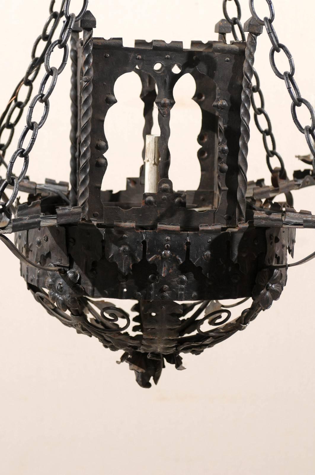 An Italian Pair of Forged Iron Basket-Shaped Five-Light Chandeliers   3
