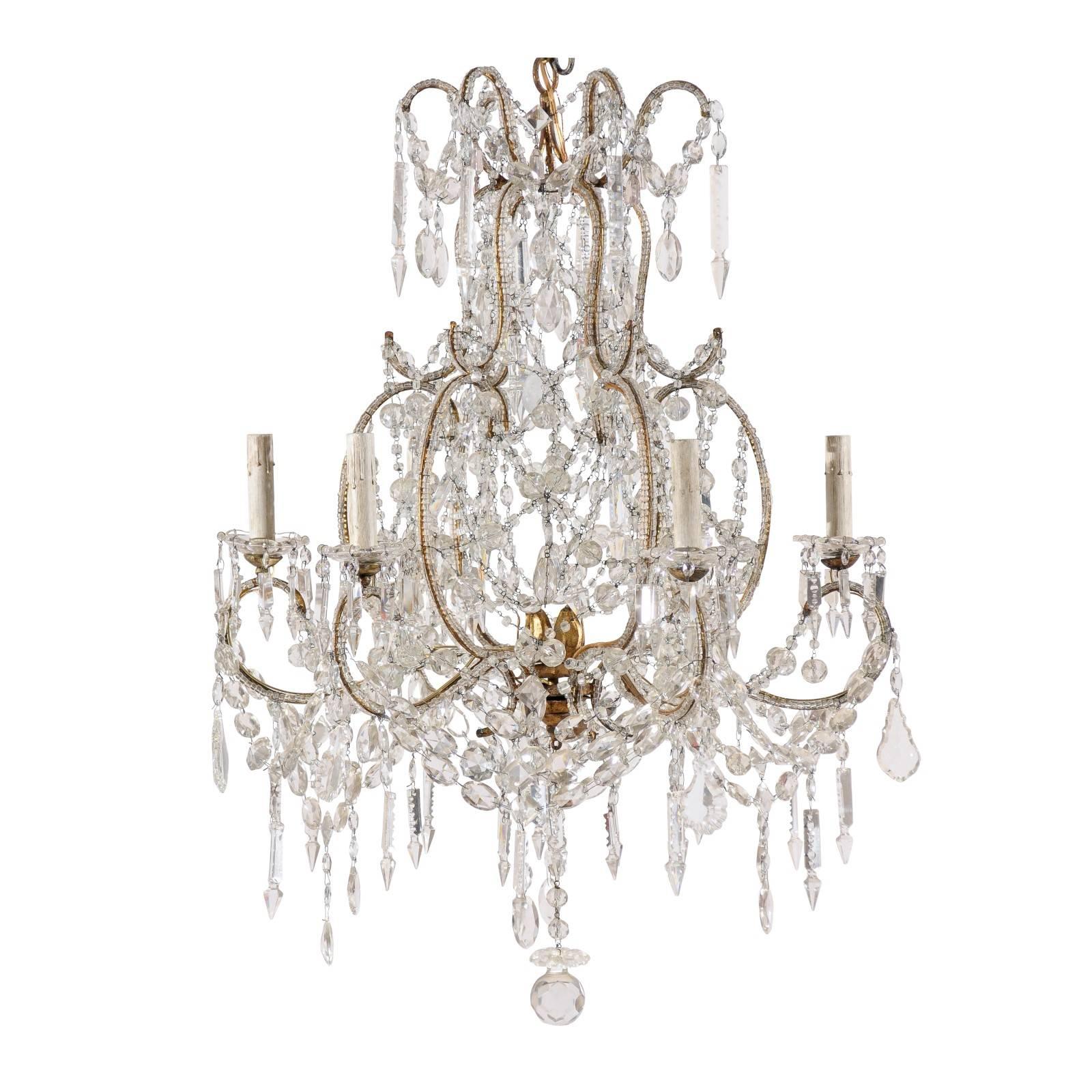 French Crystal and Gilded Iron Chandelier with Scroll Arms and Ornate Beading