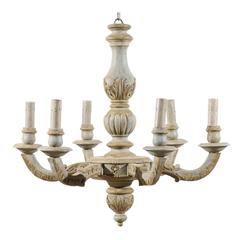 French Vintage Painted Wood Six-Light Chandelier with Acanthus Leaf Motifs