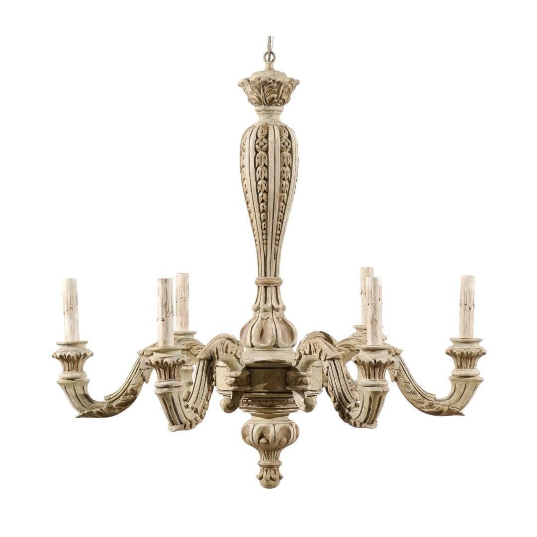 French Six-Light Carved Wood Chandelier with Scroll Arms in Grey-Green Hues