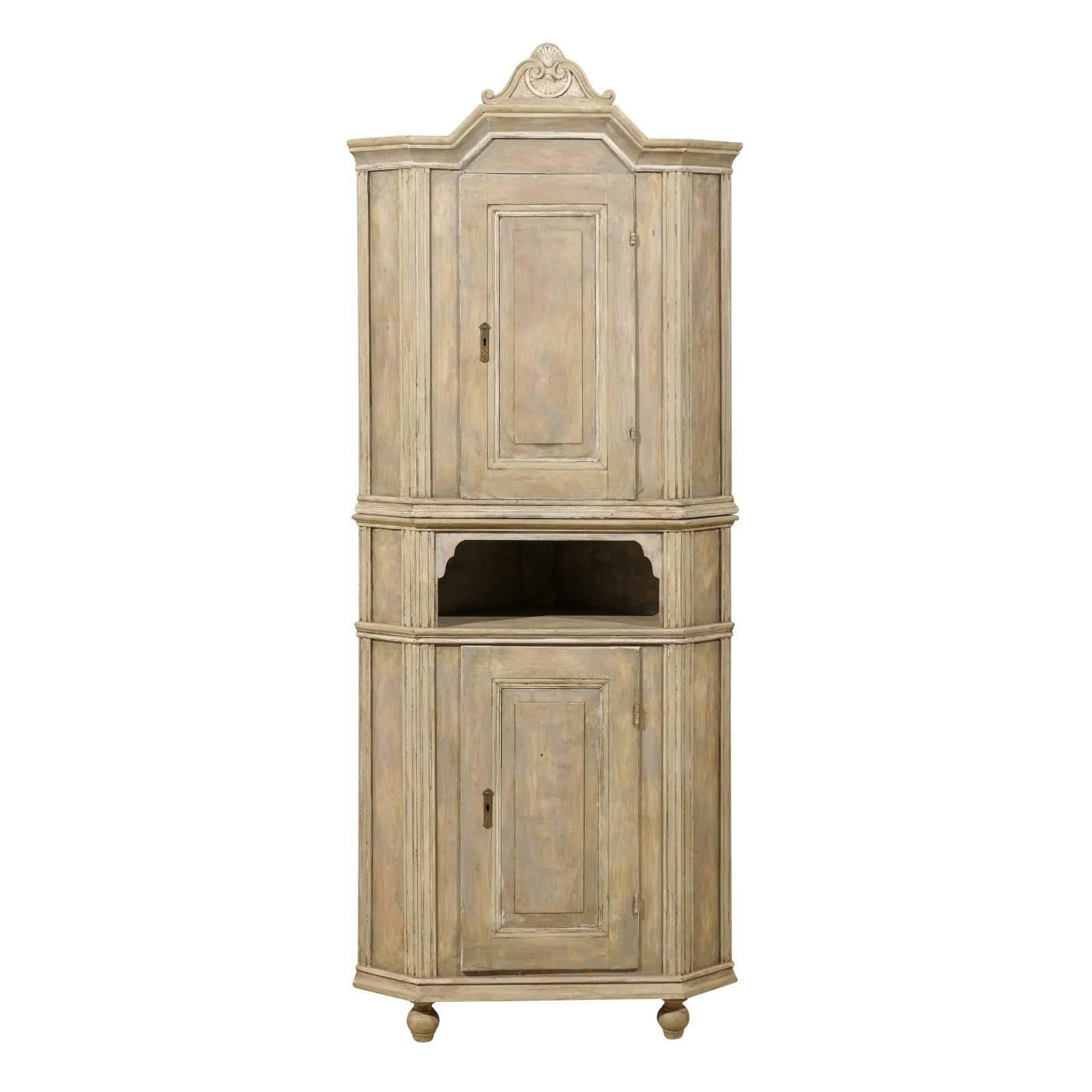 Swedish Early 19th C. Painted 2-Door Corner Cabinet with Carved Pediment Bonnet