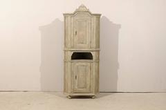 Swedish Early 19th C. Painted 2-Door Corner Cabinet with Carved Pediment Bonnet