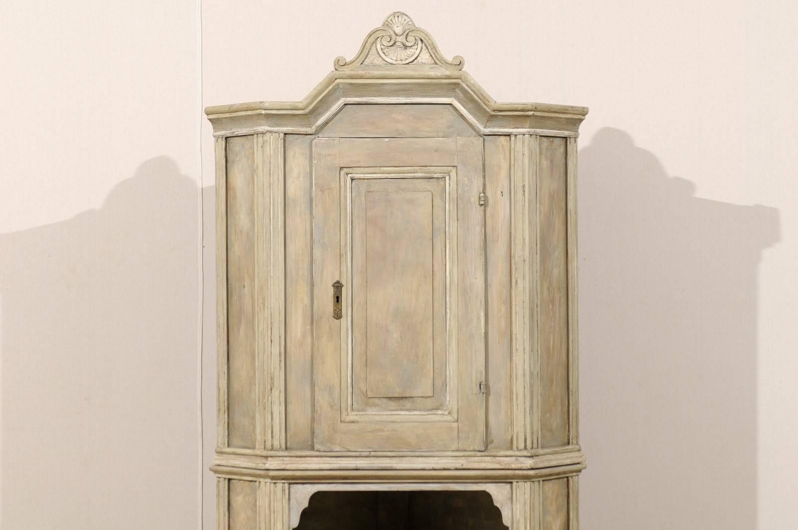 Swedish Early 19th C. Painted 2-Door Corner Cabinet with Carved Pediment Bonnet 2