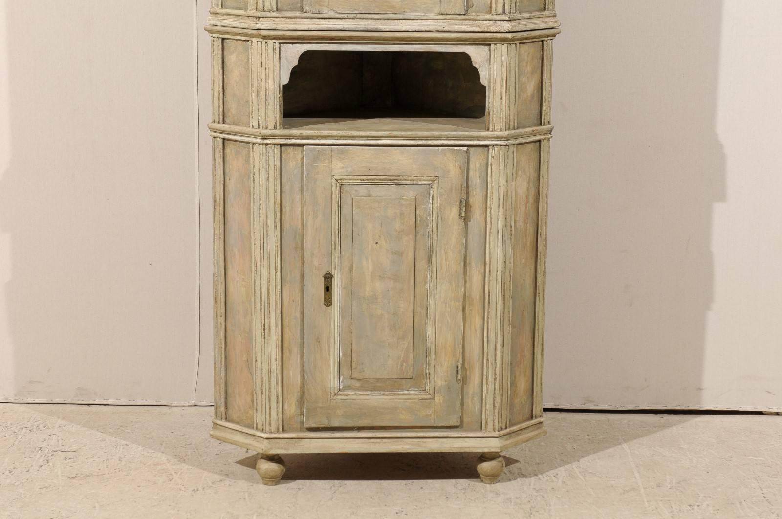Swedish Early 19th C. Painted 2-Door Corner Cabinet with Carved Pediment Bonnet 3