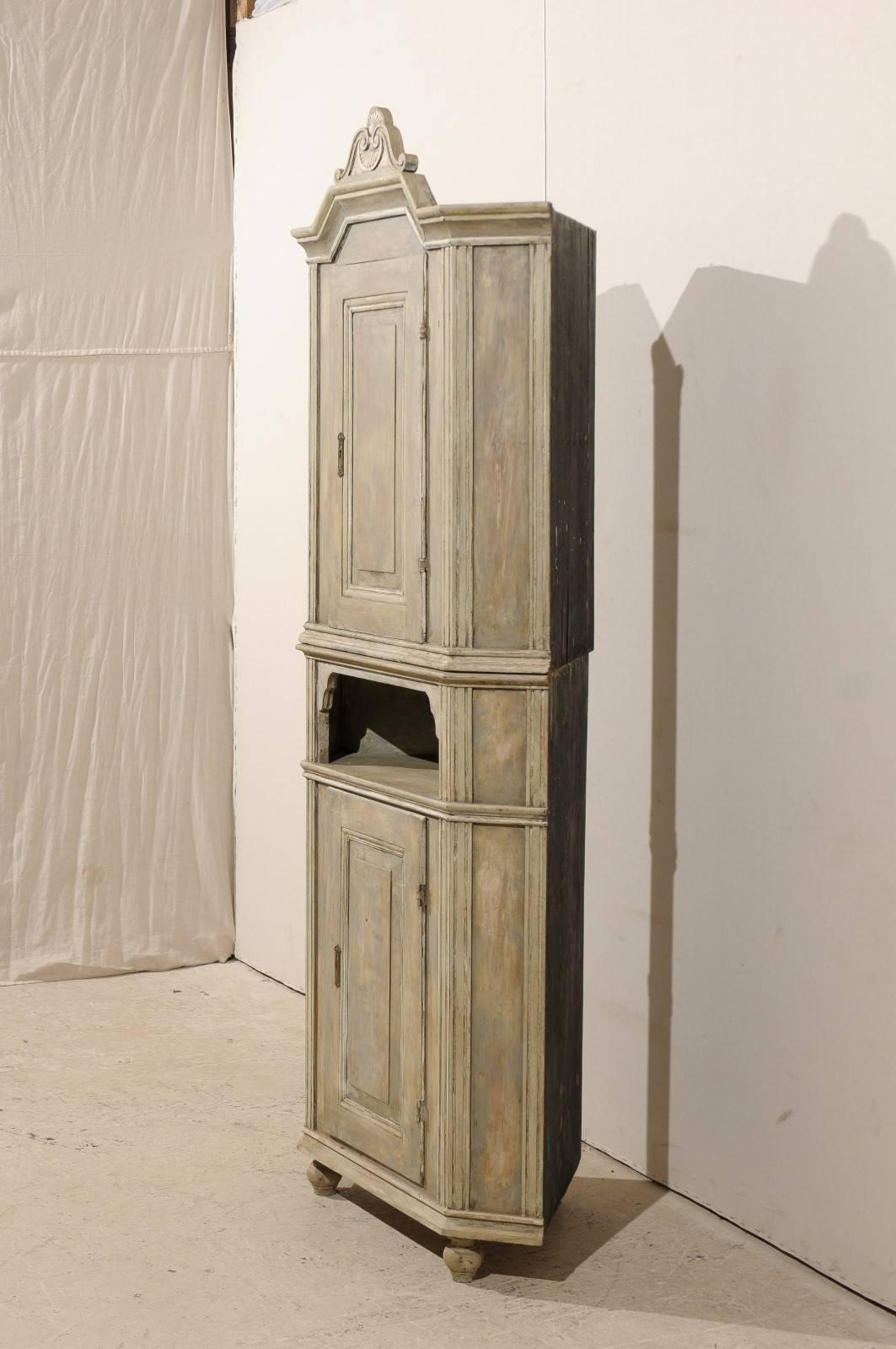 Swedish Early 19th C. Painted 2-Door Corner Cabinet with Carved Pediment Bonnet 1