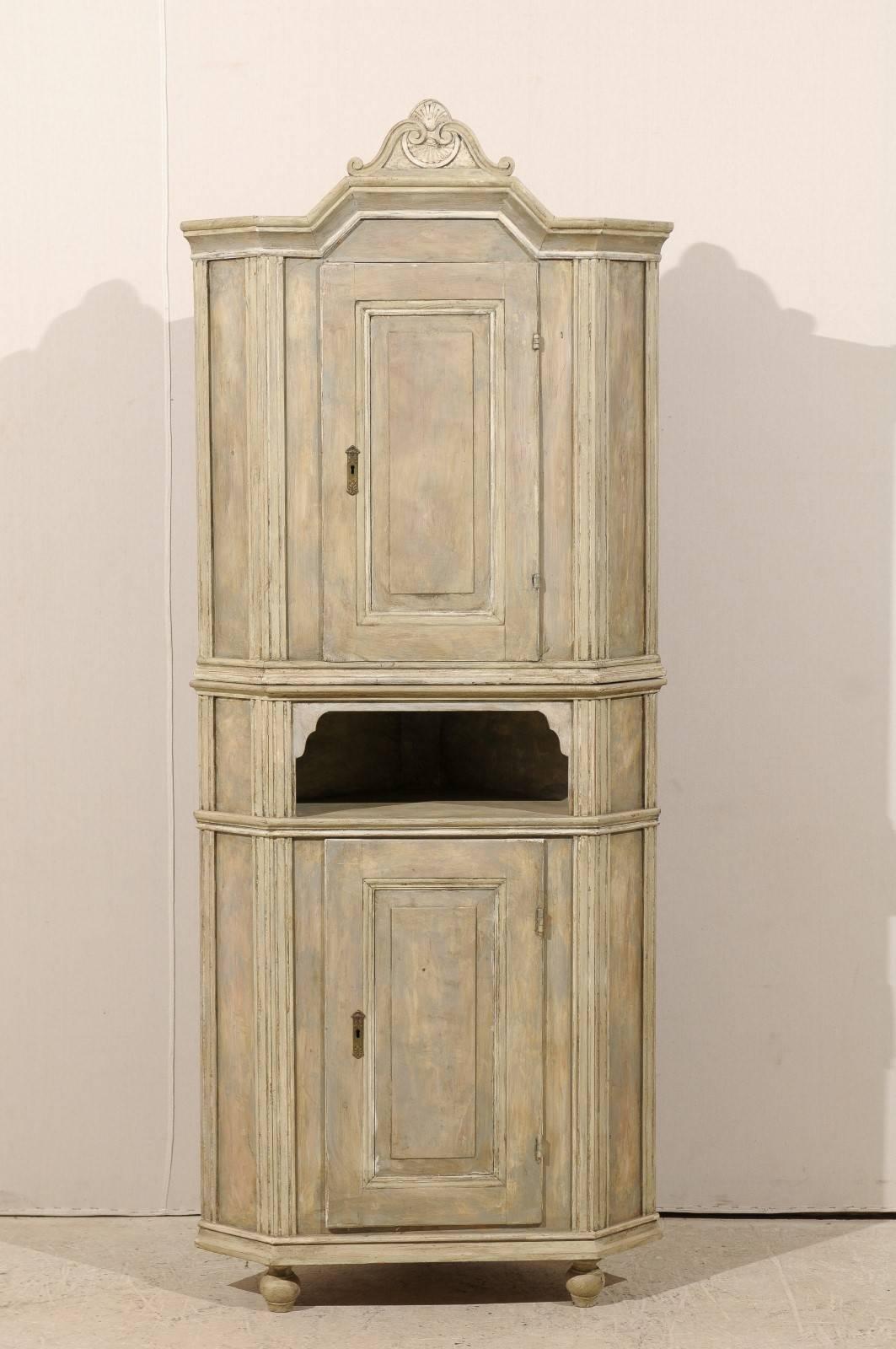 19th Century Swedish Early 19th C. Painted 2-Door Corner Cabinet with Carved Pediment Bonnet